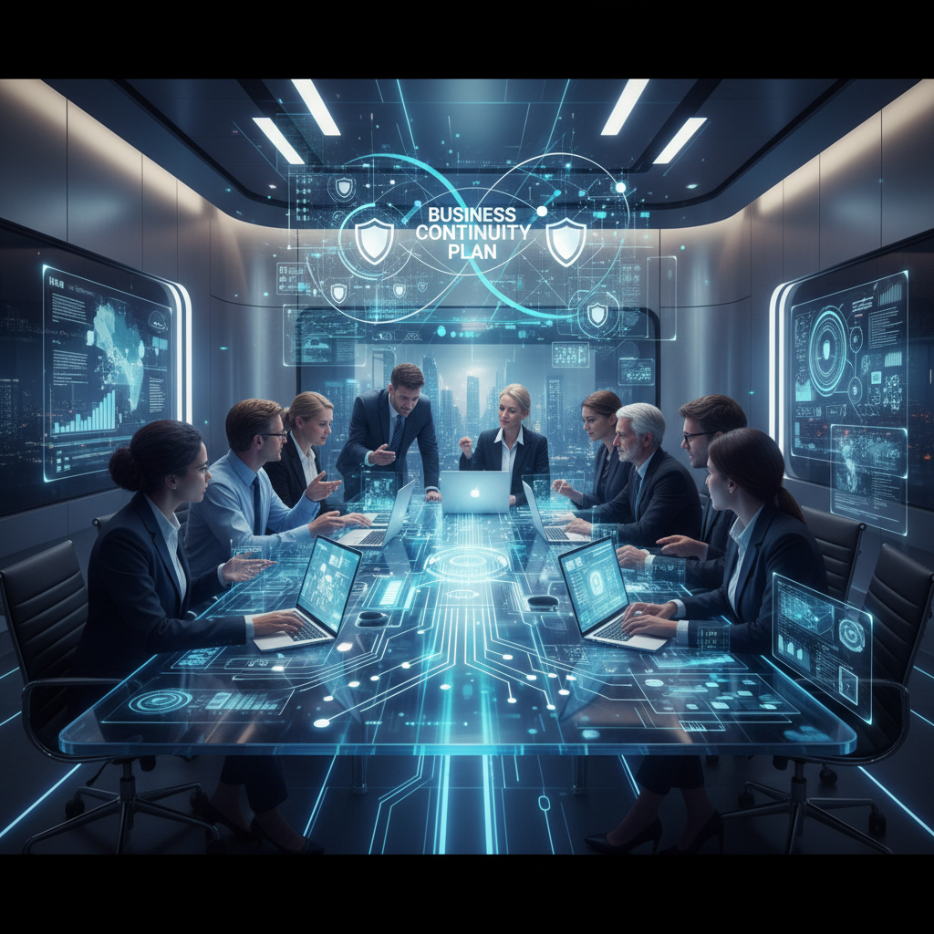 A team of IT professionals collaborating on a business continuity plan, using laptops and discussing strategies.