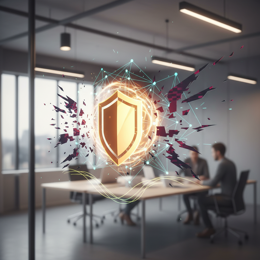 A graphic showing a shield protecting a computer network, symbolising business continuity and security.