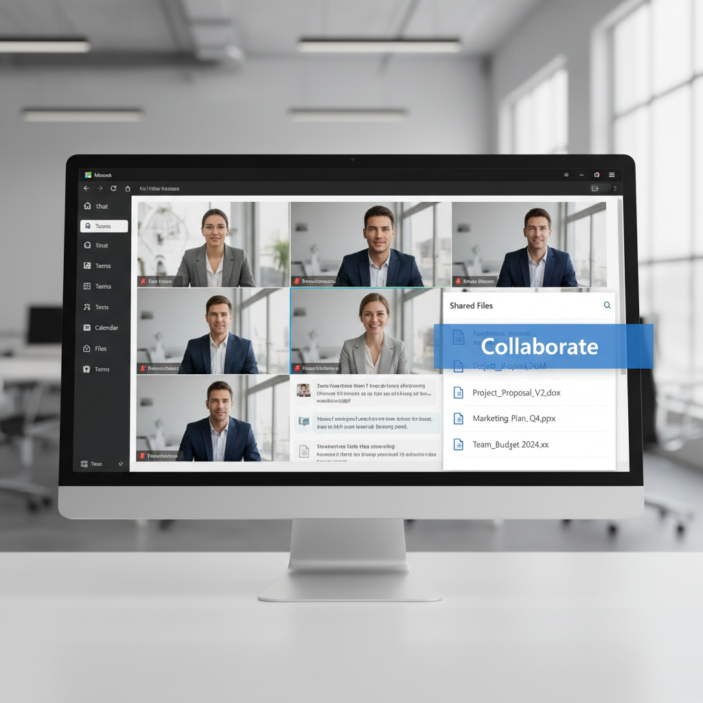 Screenshot of Microsoft Teams interface showing a video call and file sharing options, highlighting collaboration features.