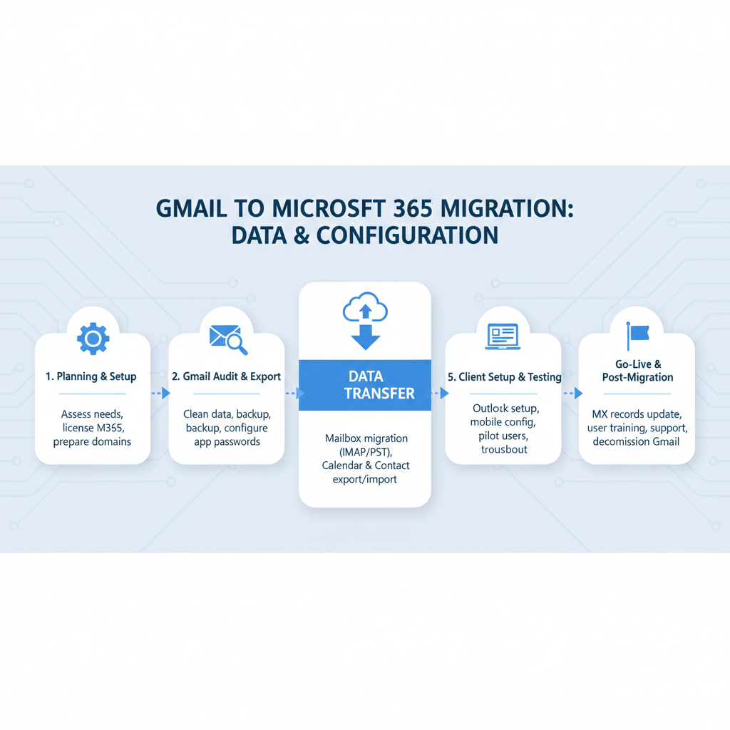 Diagram illustrating the steps involved in migrating from Gmail to Microsoft 365, emphasizing data transfer and configuration.