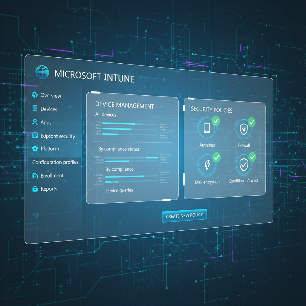 Screenshot of the Microsoft Intune console, showing device management options and security policies.