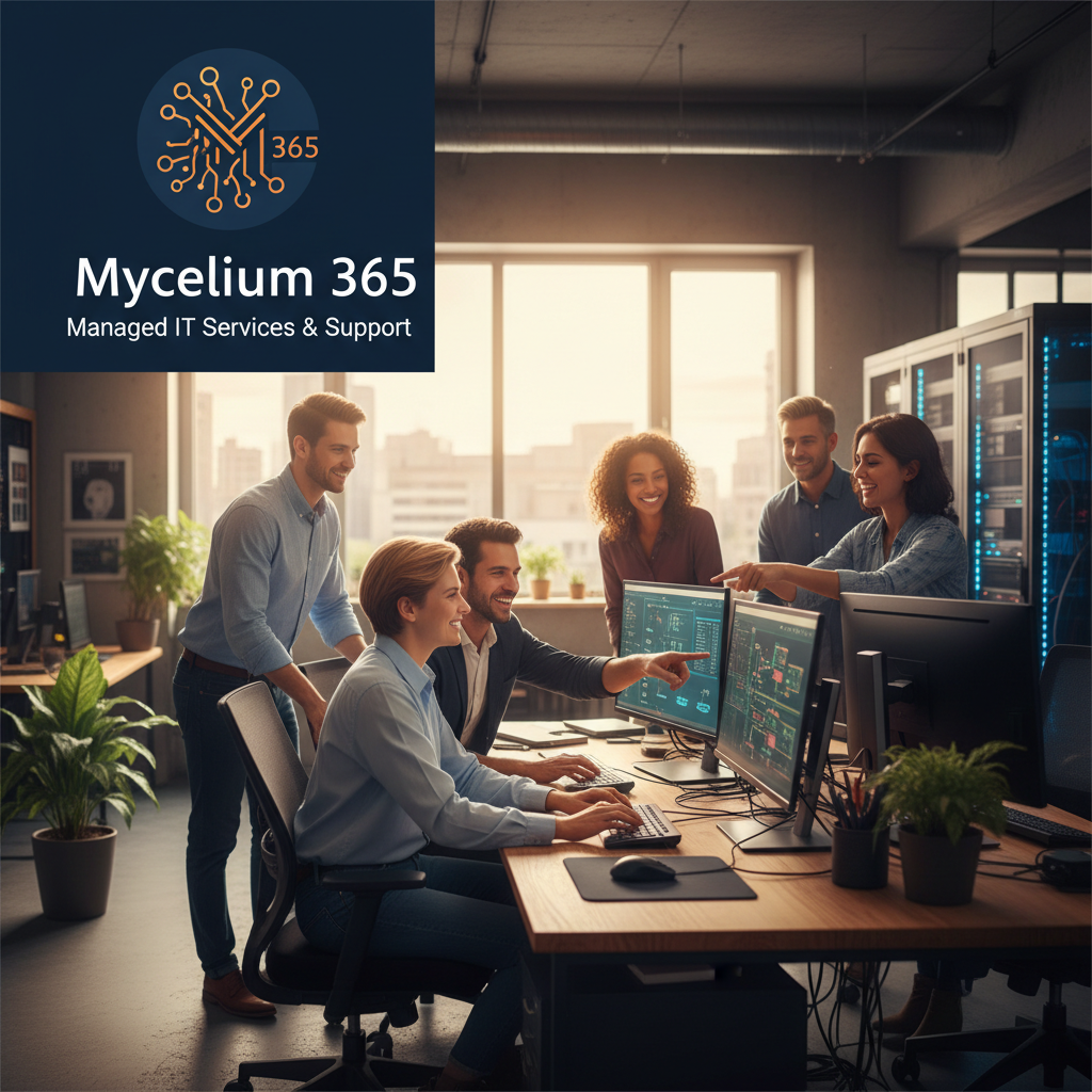 A graphic showing Mycelium 365 logo and a depiction of a team working together on computers, representing managed IT services and support.