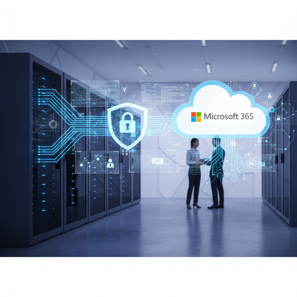 Data migration process showing data flowing from on-premise servers to Microsoft 365 cloud services, highlighting security measures in place