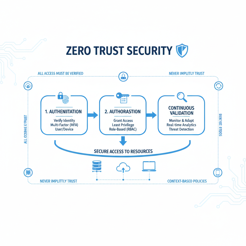 Diagram illustrating the principles of Zero Trust security, including authentication, authorisation, and continuous validation