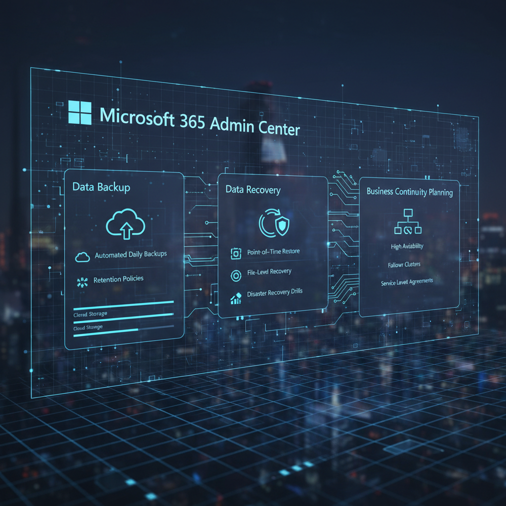 Screenshot of the Microsoft 365 admin center, showing options for data backup, recovery, and business continuity planning