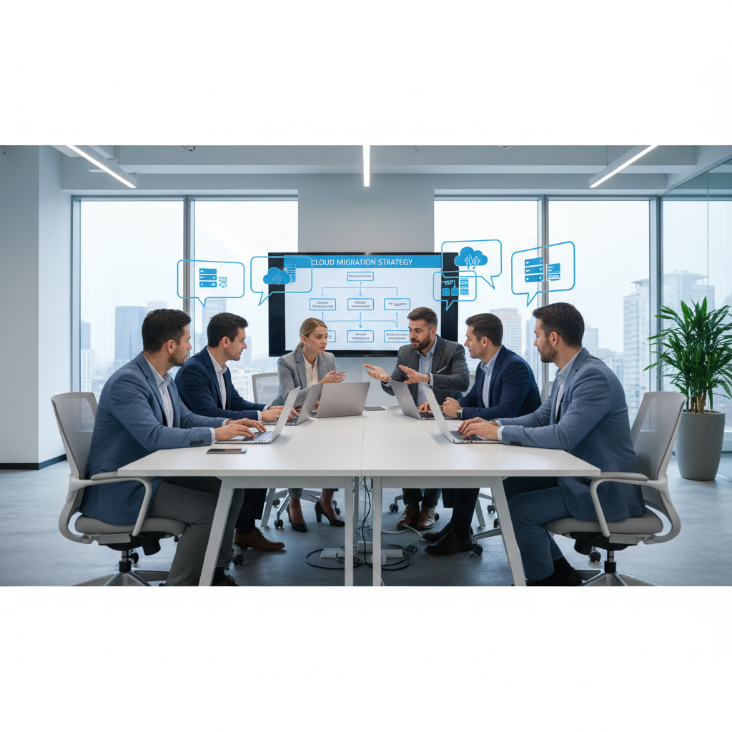 A business team collaborating on laptops in a modern office environment, discussing cloud migration strategies. The scene is brightly lit and professional, conveying teamwork and technological advancement.