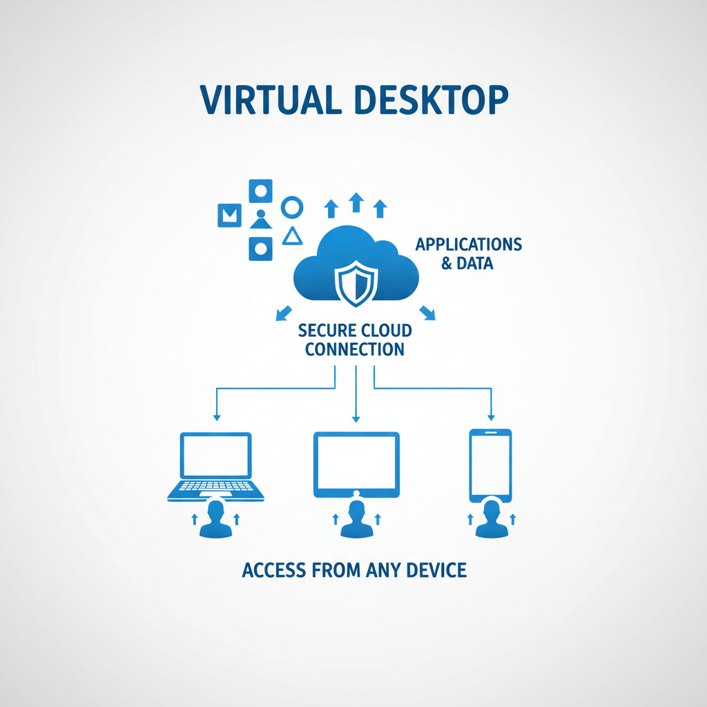 A graphic depicting the concept of Virtual Desktop, with users accessing applications and data from various devices (laptop, tablet, smartphone) via a secure cloud connection.
