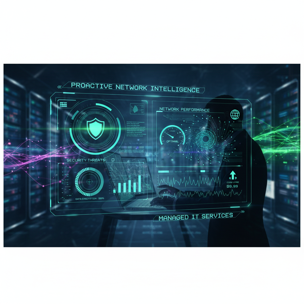 A technician working at a workstation, monitoring a network dashboard with various security and performance metrics. The image conveys the proactive monitoring and management aspects of Managed IT services.