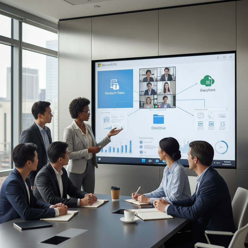 Image of a diverse team collaborating around a large interactive display showcasing the Microsoft 365 ecosystem. The display highlights key applications like Teams, SharePoint, and OneDrive.