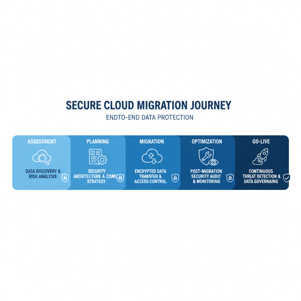 Image of a progress bar showing the stages of a cloud migration, from assessment to go-live, emphasizing data security at each step.