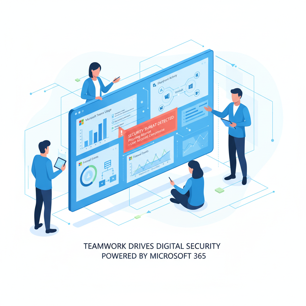 A team of IT professionals collaborating around a large screen displaying Microsoft 365 dashboards and security alerts