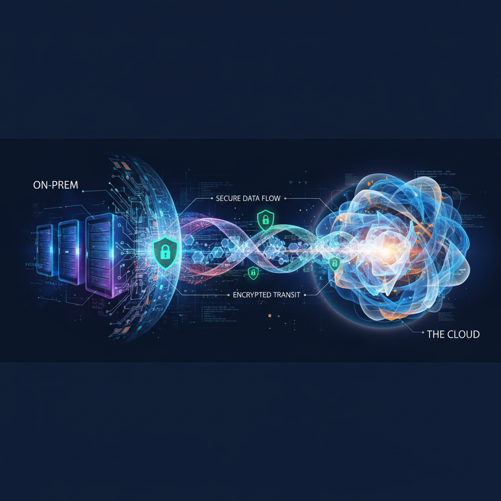 A visual representation of data flowing from on-premise servers to the cloud, highlighting security measures and data encryption