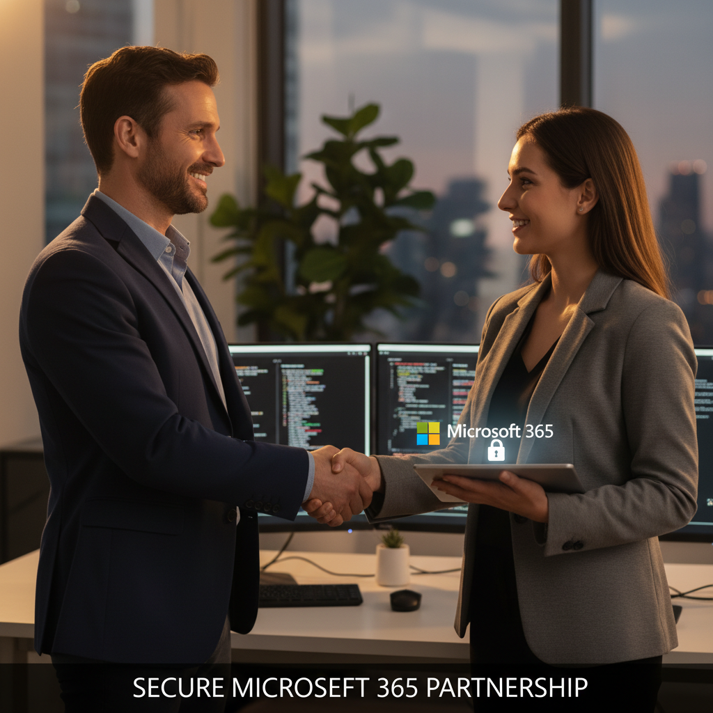 A satisfied business owner shaking hands with an IT consultant, symbolising a successful partnership and a secure Microsoft 365 environment