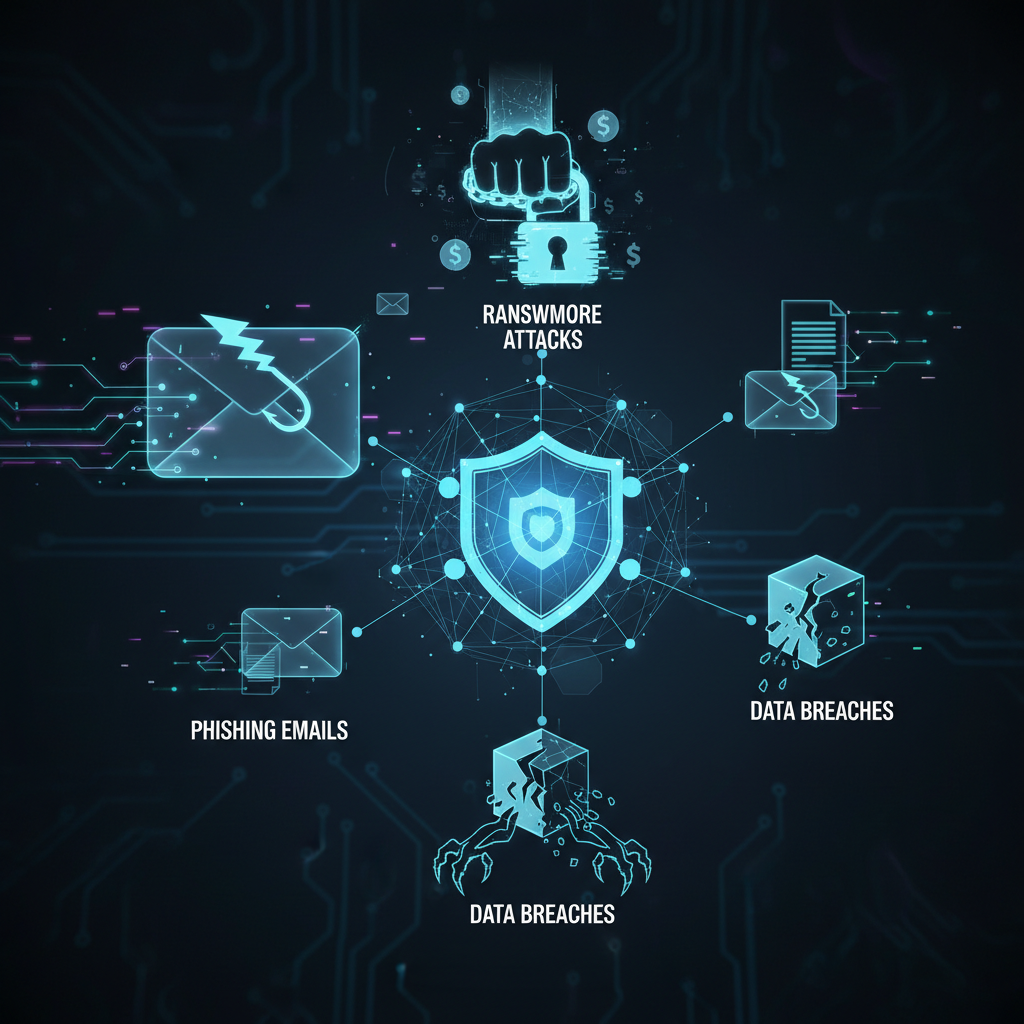 A graphic depicting various cyber threats targeting a business network, including phishing emails, ransomware attacks, and data breaches.