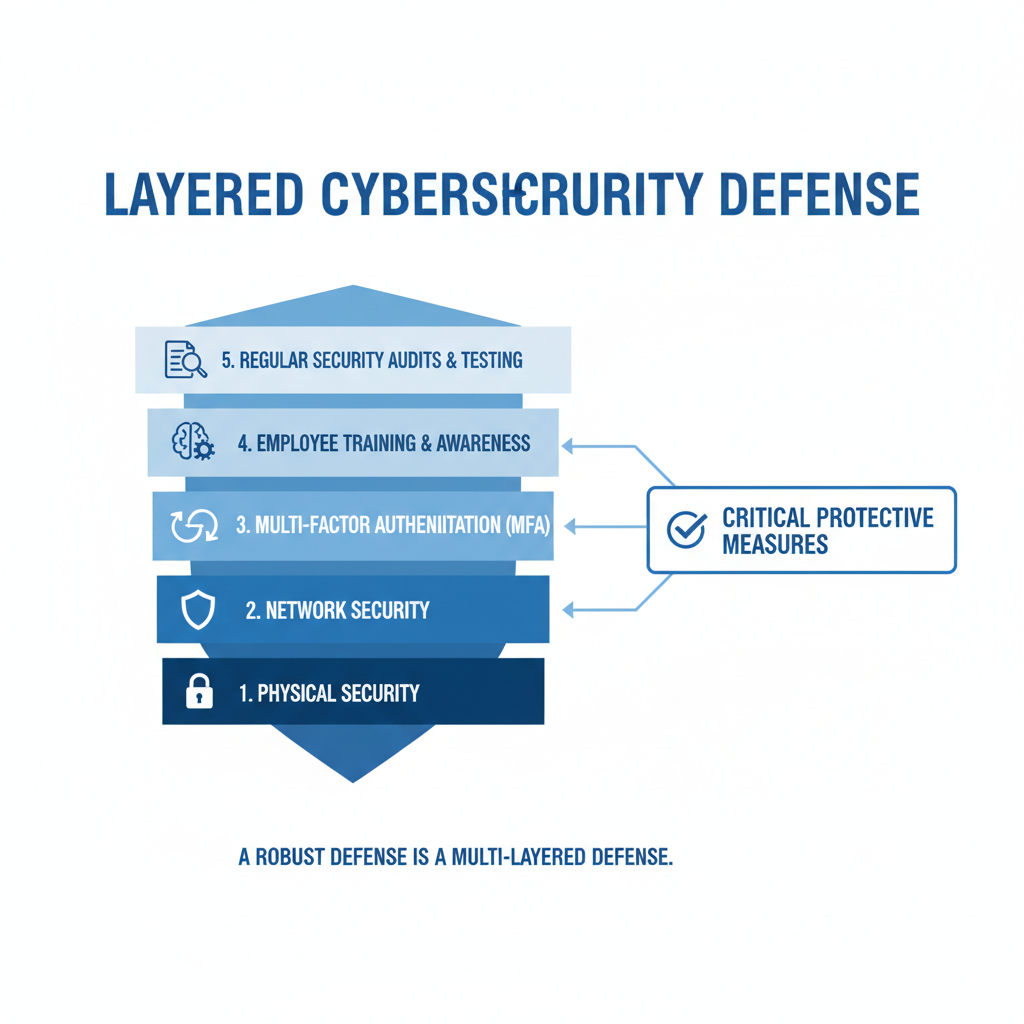 A diagram showing a layered approach to cybersecurity, highlighting the importance of multi-factor authentication, employee training, and regular security audits.