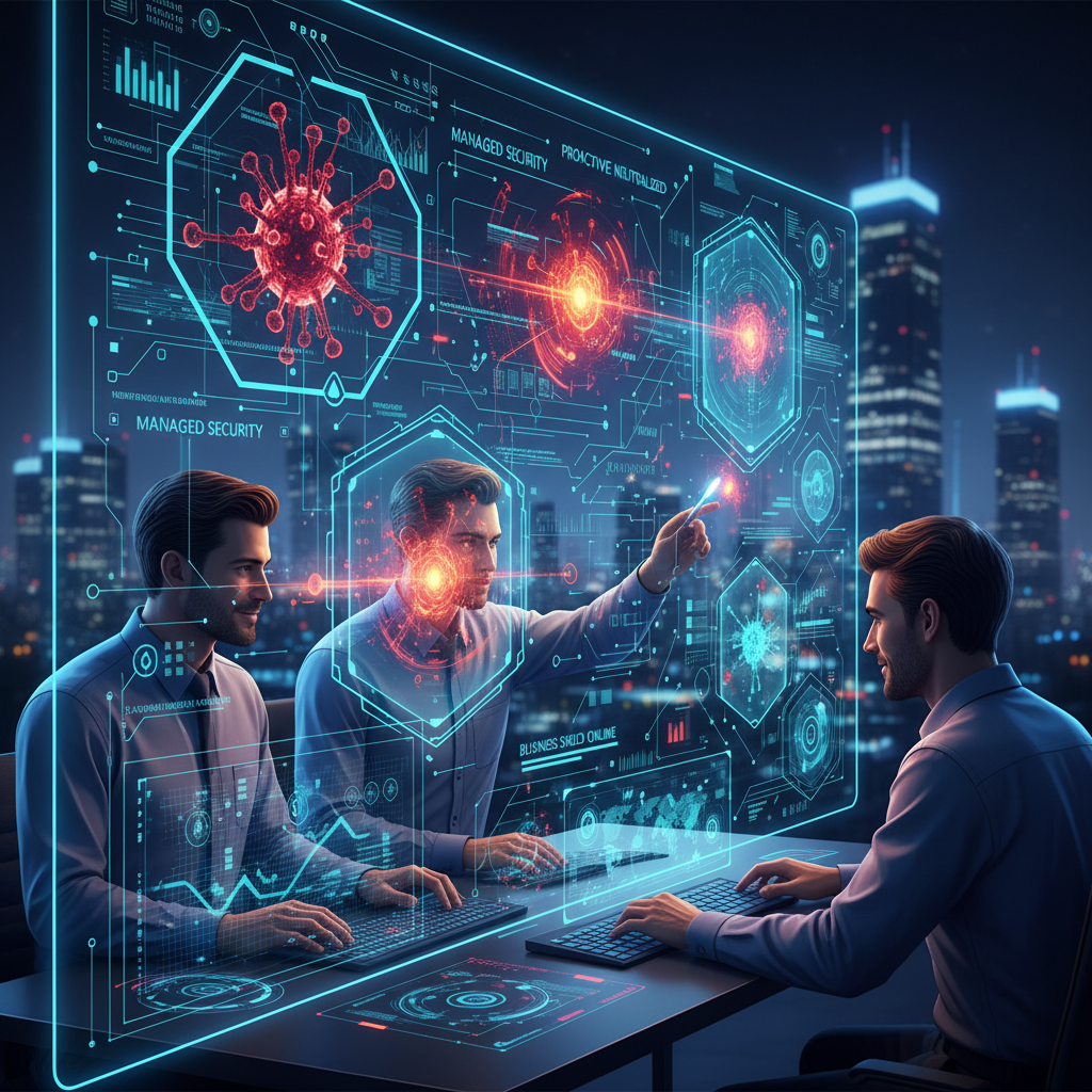 A team of IT professionals monitoring a cybersecurity dashboard, highlighting the proactive approach of managed IT services in protecting businesses from cyber threats.