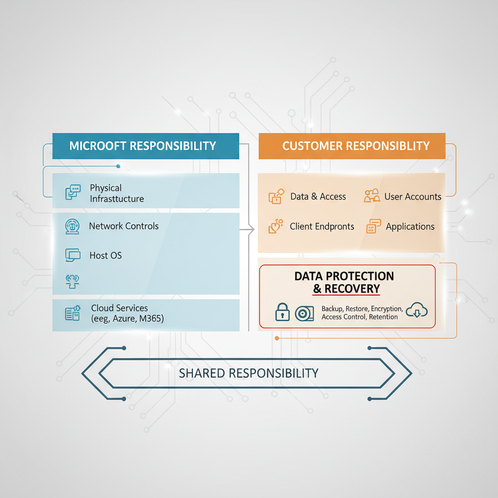 A diagram illustrating the shared responsibility model between Microsoft and the customer, highlighting data protection and recovery as the customer's responsibility.