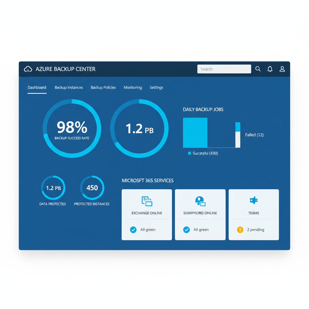A screenshot of the Azure Backup console, showcasing the dashboard with key metrics and backup status for various Microsoft 365 services.