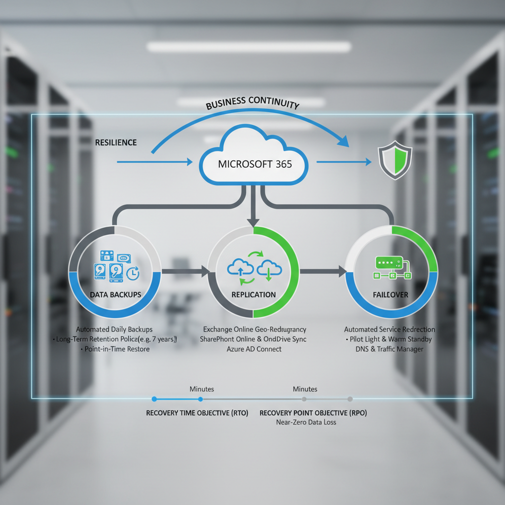 A diagram showing the various components of a Microsoft 365 disaster recovery plan, including data backups, replication, and failover.