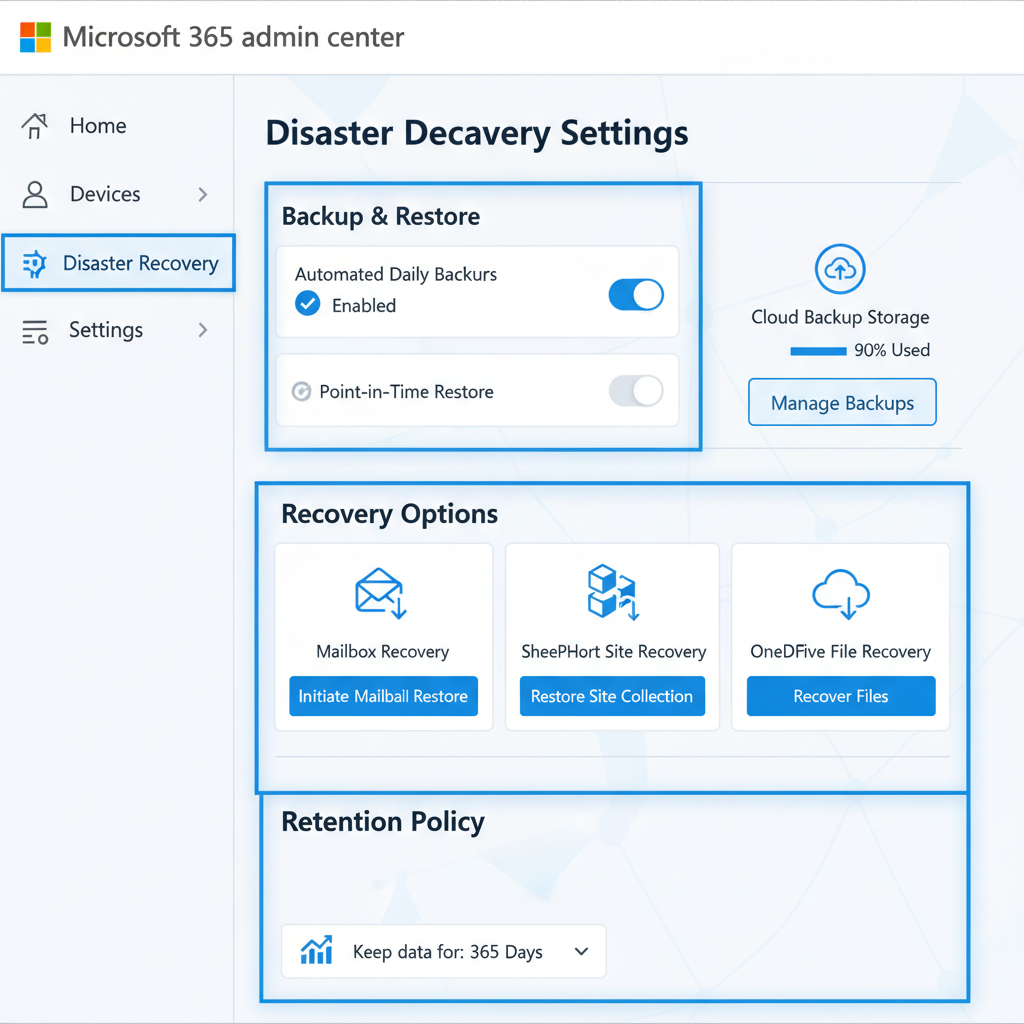 A screenshot of a Microsoft 365 admin center showing disaster recovery settings.
