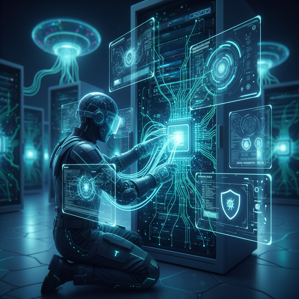 A Mycelium 365 technician working on a server in a data centre, with a focus on security and data protection.