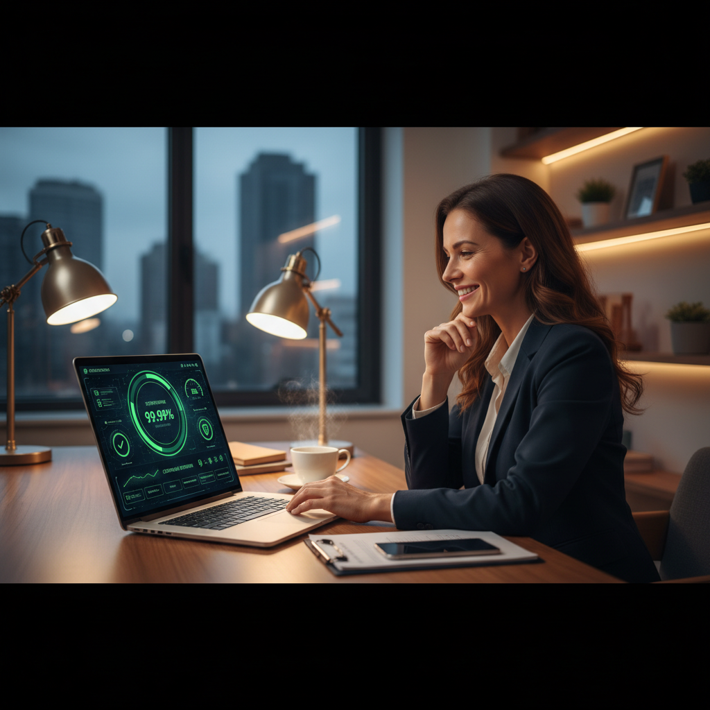 A happy business owner looking at a secure dashboard on a laptop, representing peace of mind and business continuity.
