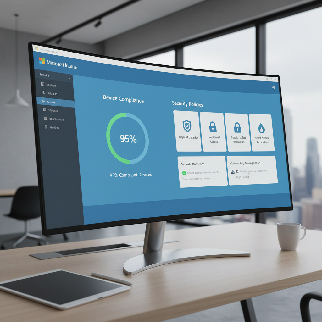 Intune dashboard showing device compliance and security policies.