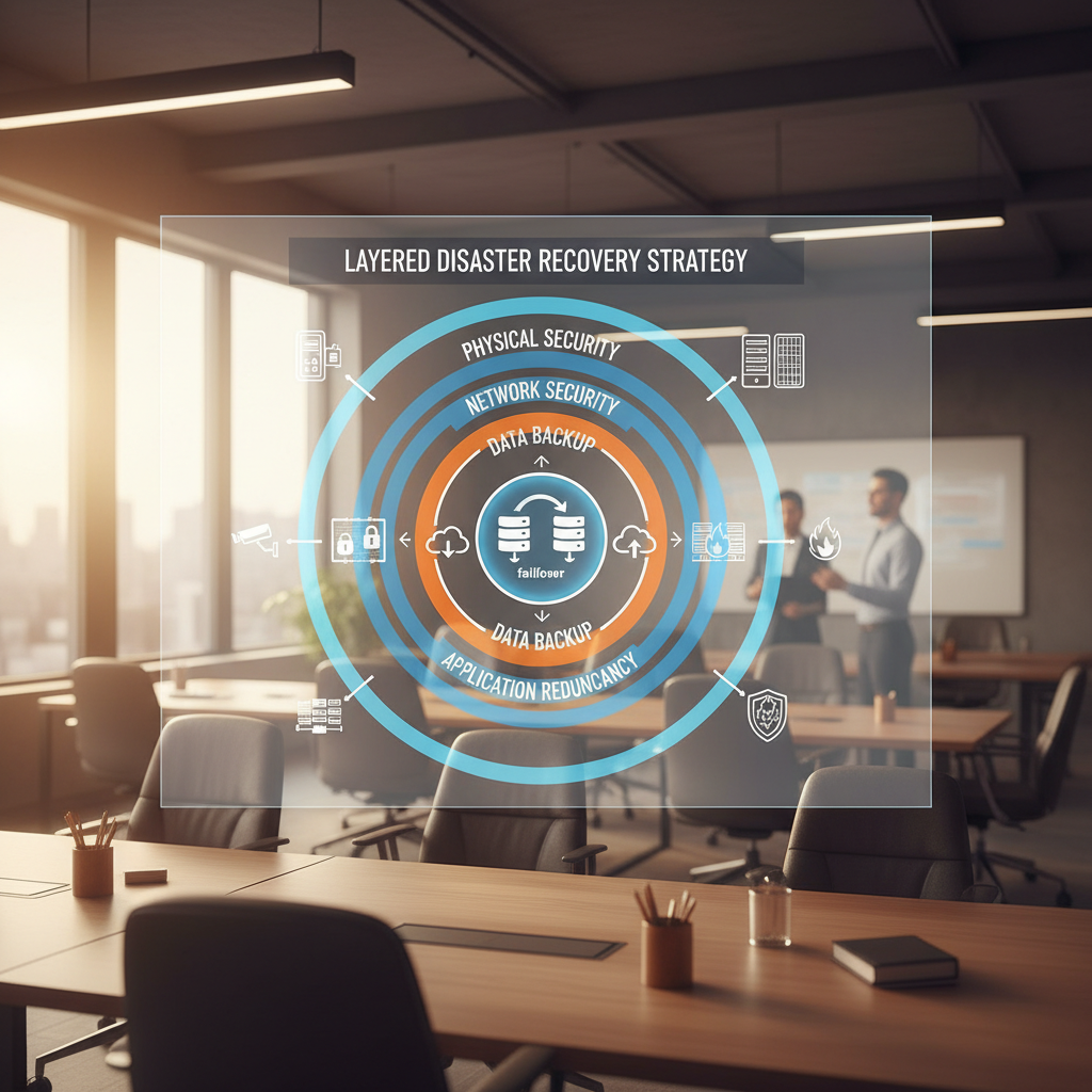 A diagram showing the layered approach to disaster recovery, including physical security, network security, data backup, and application redundancy.