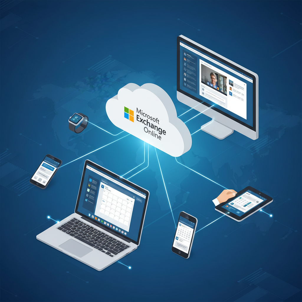 Illustration of various devices accessing Exchange Online, emphasizing accessibility and cloud connectivity