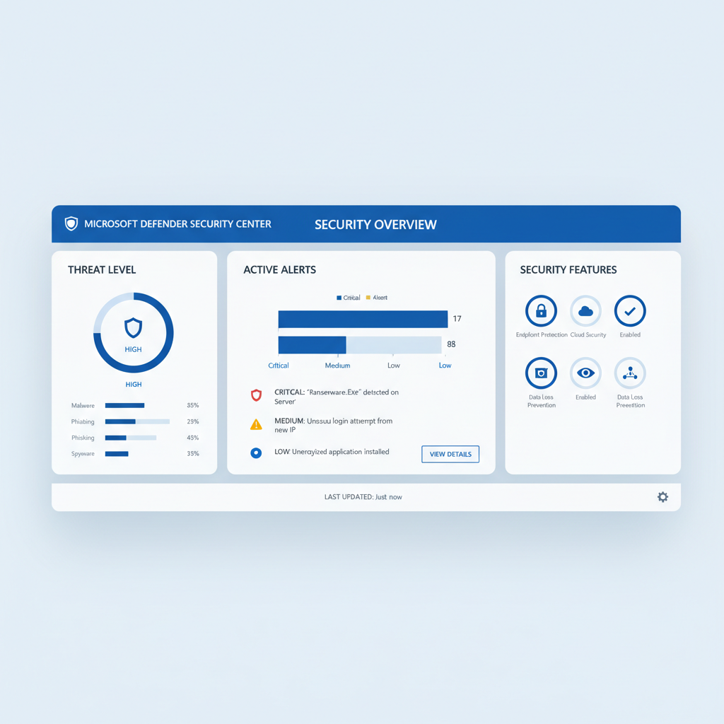 Screenshot of the Microsoft Defender dashboard showing security alerts and threat levels