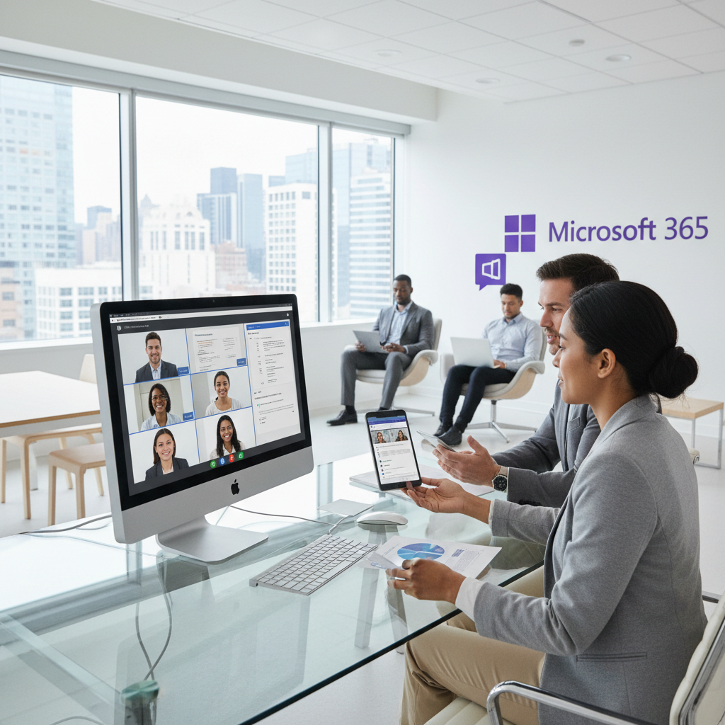 Employees collaborating on a project using Microsoft Teams on various devices, showcasing the flexibility and accessibility of Microsoft 365.