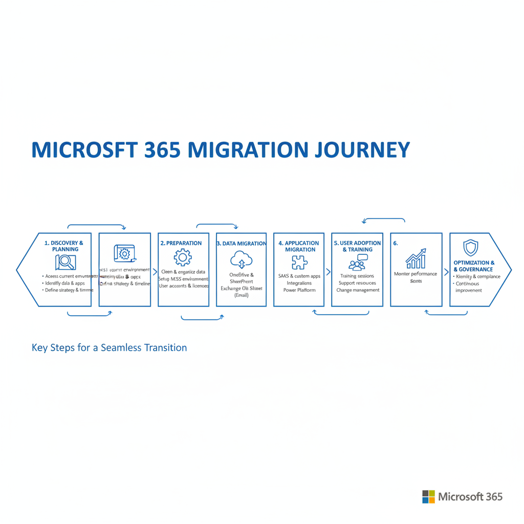A diagram illustrating the process of migrating data and applications to Microsoft 365, highlighting the key steps involved.