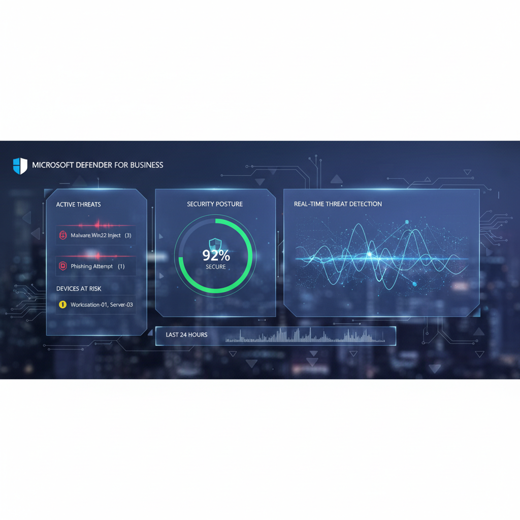 A screenshot of the Microsoft Defender for Business dashboard, showcasing the security features and threat detection capabilities of the platform.