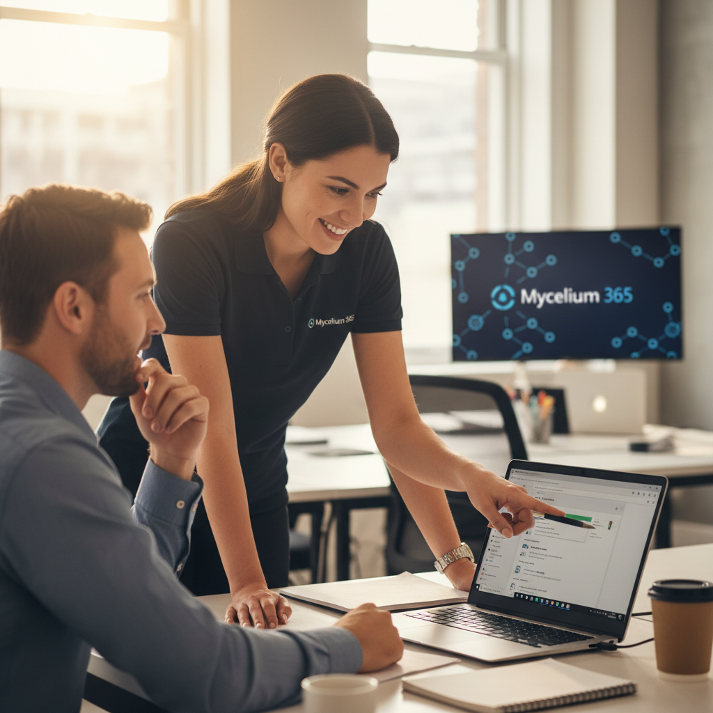 A Mycelium 365 team member assisting a client with their Microsoft 365 setup, highlighting the personalized support and expertise offered by the company.