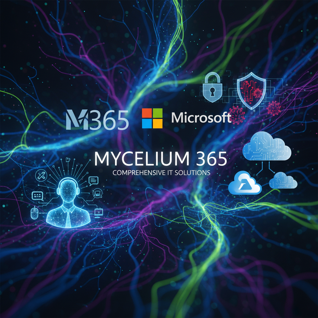 A collage of images representing Mycelium 365's services, including Microsoft 365 logos, Azure icons, cybersecurity symbols, and helpdesk support images. The collage visually represents the company's comprehensive IT solutions.
