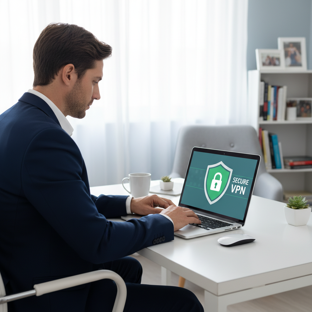 A business professional working remotely on a laptop, with a secure connection icon displayed prominently on the screen. The setting is a modern home office with natural light.