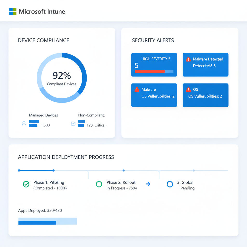 A dashboard view of Microsoft Intune, showcasing device compliance status, security alerts, and application deployment progress. The interface is clean and modern, with clear visual representations of data.