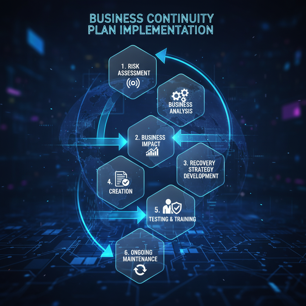A flowchart illustrating the key steps in implementing a business continuity plan, including risk assessment, business impact analysis, recovery strategy development, plan creation, testing and training, and ongoing maintenance. The flowchart is visually appealing and easy to understand.