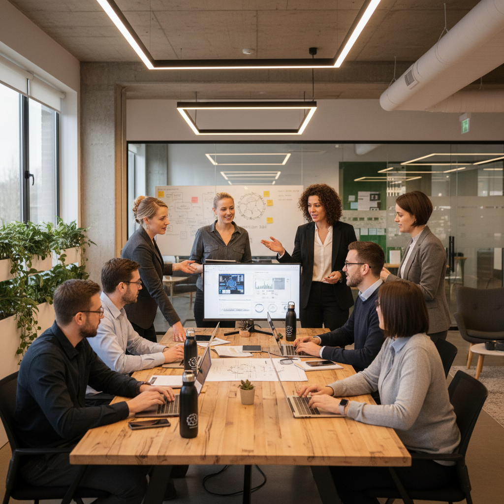 A group of Mycelium 365 IT professionals collaborating on a project in a modern office environment. The team is diverse and engaged, reflecting the company's commitment to innovation and customer service.