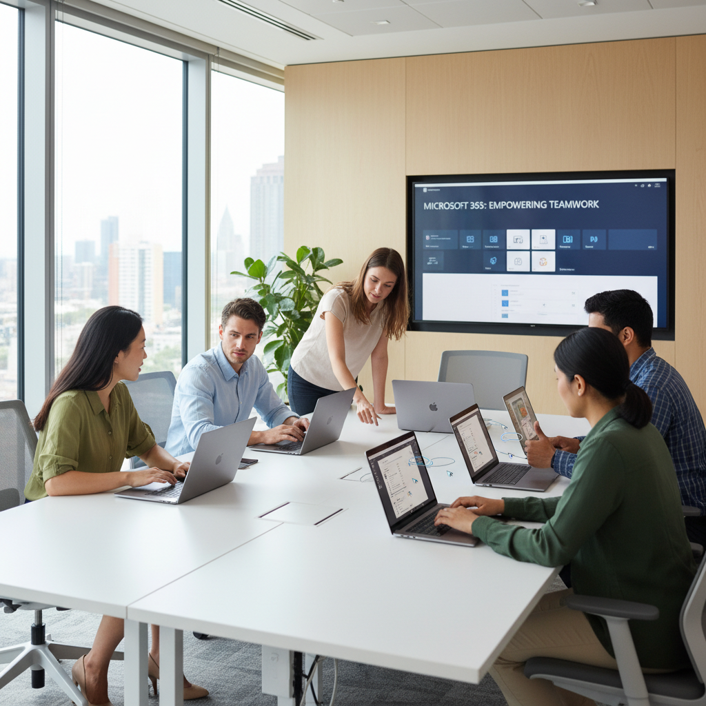 A diverse team collaborating seamlessly on laptops in a modern, bright office environment, showcasing the collaborative power of Microsoft 365.
