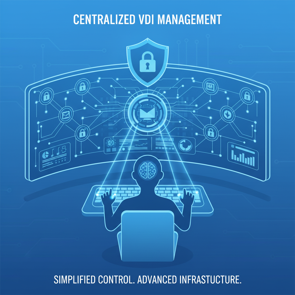 An IT professional configuring a virtual desktop environment on a large monitor, highlighting the centralized management aspect of VDI solutions.