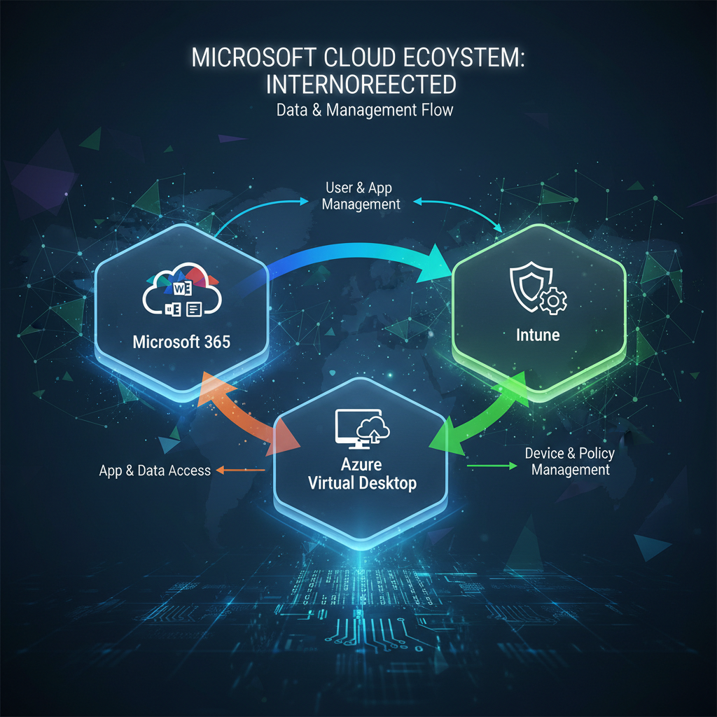 A diagram illustrating the interconnectedness of Microsoft 365, Intune, and Azure Virtual Desktop, highlighting the flow of data and management between the three platforms.