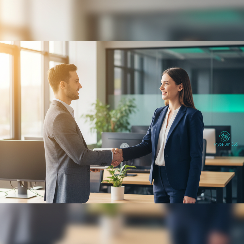 A Mycelium 365 consultant smiling and shaking hands with a client in a modern office setting, representing a partnership approach to IT solutions.