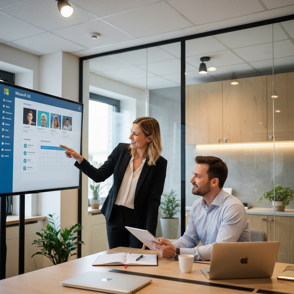 A consultant is assisting a client with Microsoft 365 setup, showcasing the personalized support offered.