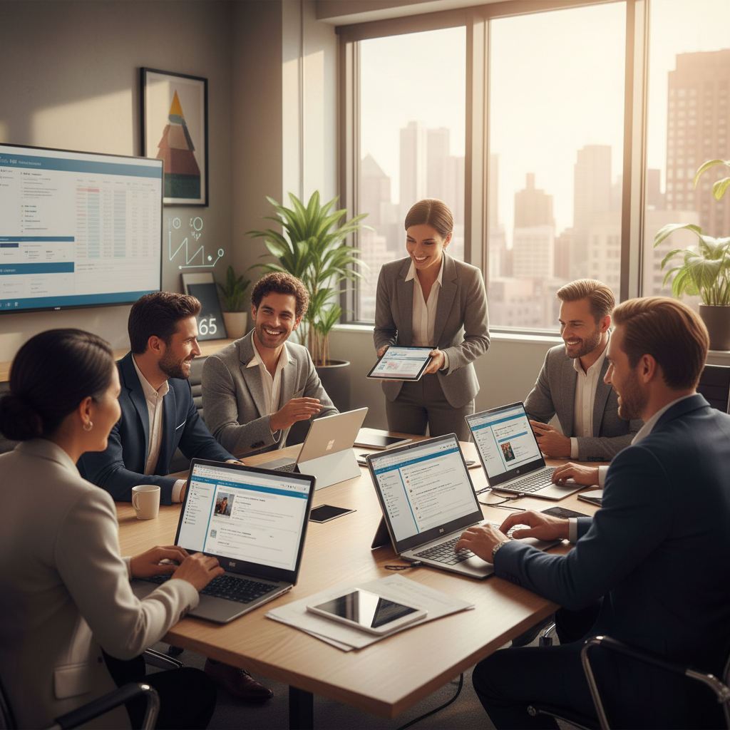 A happy business team collaborating effectively using Microsoft 365 tools, symbolizing the benefits of optimized IT support.