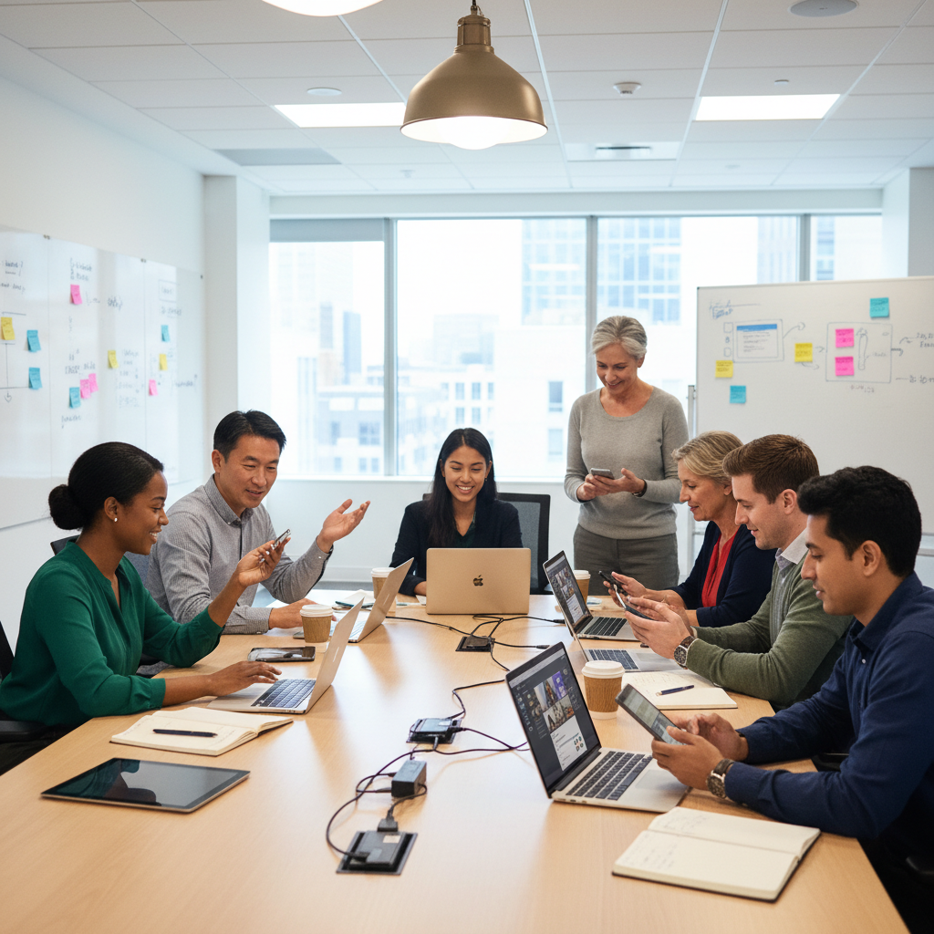 A diverse team collaborating on a project using Microsoft Teams on various devices (laptops, tablets, smartphones) in a modern office setting. The atmosphere is energetic and focused.
