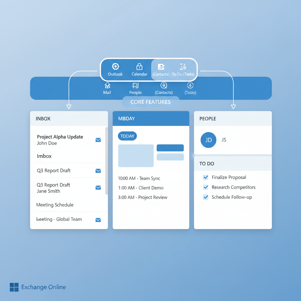 A screenshot of the Microsoft Exchange Online interface, highlighting features such as email, calendar, contacts, and tasks. The interface is clean, modern, and user-friendly.