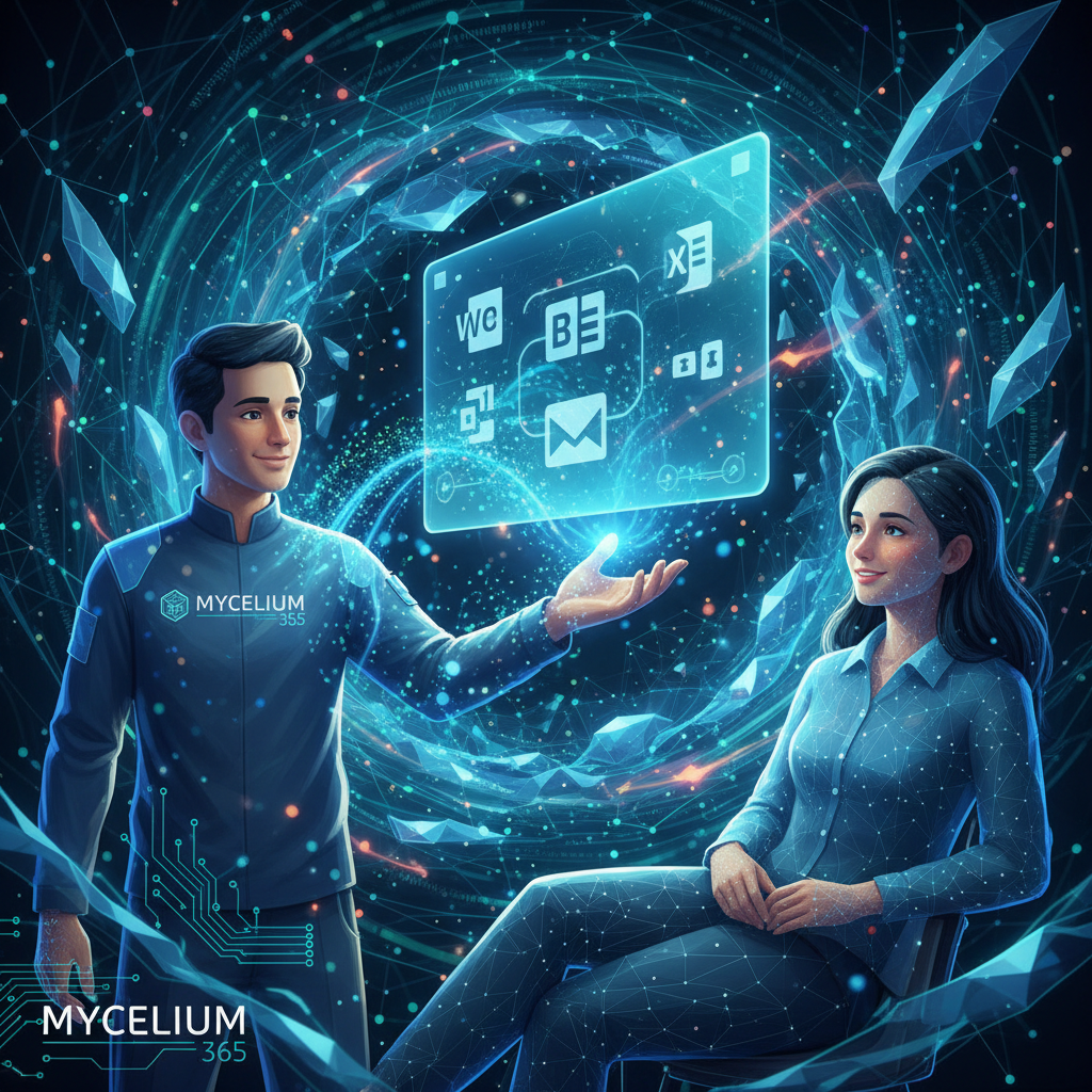 A Mycelium 365 IT technician assisting a client with a Microsoft 365 issue. The technician is friendly and professional, and the client appears satisfied.