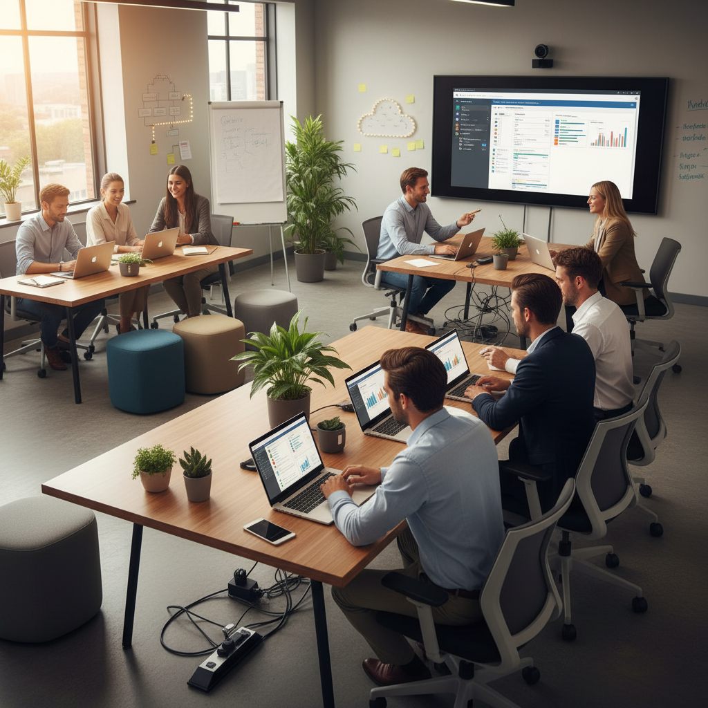 A modern office environment with employees working collaboratively on laptops, showcasing the benefits of a well-managed Microsoft 365 environment. The overall atmosphere is productive and efficient.