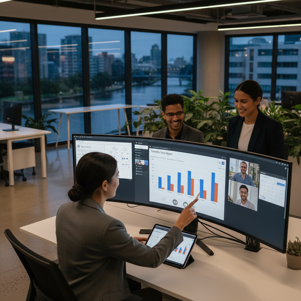 An office worker collaborating with colleagues on a Microsoft Teams video call, showcasing the collaborative features of Microsoft 365. The background is a modern office space in Melbourne.